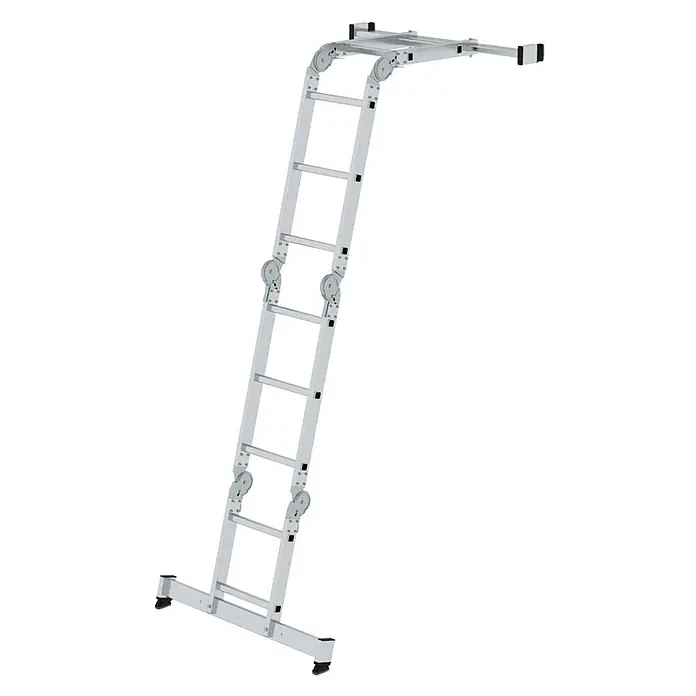 Munk Mehrzweckleiter Vielzweckleiter mit Nivello® Traverse und Holzbelag 2x2 + 2x3 Sprossen - Arbeitshöhe: 4.000 m, Aluminium - Silberne Aluminium-Mehrzweck-Gelenkleiter, L-förmig für vielseitigen Einsatz konfiguriert.