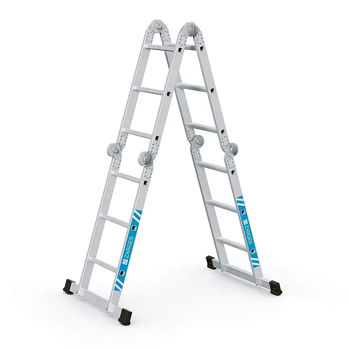 Zarges Mehrzweckleiter Vielzweckleiter Multimax M 4x3 Sprossen - Anzahl Tritte: 3 Stk., Arbeitshöhe: 4.390 m, Aluminium - Silberne ZARGES Mehrzweck-Gelenkleiter in A-Stellung.