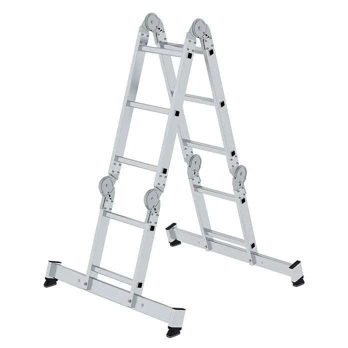 Munk Mehrzweckleiter Vielzweckleiter mit Nivello® Traverse und Holzbelag 2x2 + 2x3 Sprossen - Arbeitshöhe: 4.000 m, Aluminium - Silberne Aluminium-Mehrzweckleiter, A-förmig aufgestellt, mit breiten Stabilisatoren und robusten Gelenken.