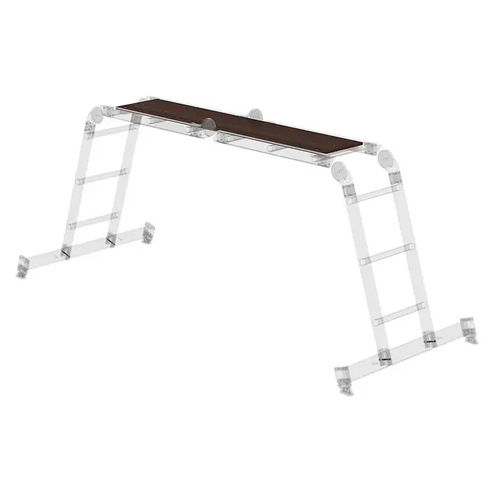 Munk Mehrzweckleiter Vielzweckleiter mit Nivello® Traverse und Holzbelag 2x2 + 2x3 Sprossen - Arbeitshöhe: 4.000 m, Aluminium - Tragbare Arbeitsplattform mit dunkelbrauner Holzplatte und transparenten Leiterstützen.