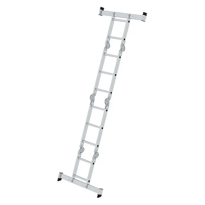 Munk Mehrzweckleiter Vielzweckleiter mit Nivello® Traverse und Holzbelag 2x2 + 2x3 Sprossen - Arbeitshöhe: 4.000 m, Aluminium - Silberne Mehrzweck-Gelenkleiter mit breiten Stabilisatorstangen.