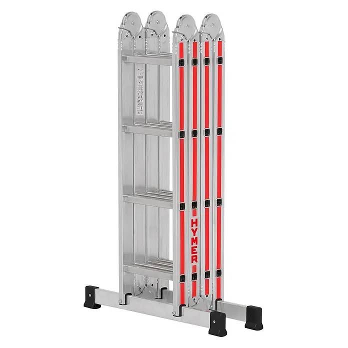 Hymer Mehrzweckleiter Vielzweckleiter 4x4 Sprossen - Anzahl Tritte: 4 Stk., Arbeitshöhe: 5.600 m, Aluminium - Silberne Aluminium-Mehrzweckleiter mit roten Bändern und schwarzen Füßen, klappbar.