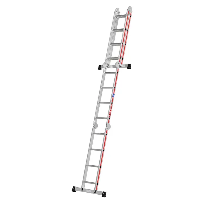 Hymer Mehrzweckleiter Vielzweckleiter 4x4 Sprossen - Anzahl Tritte: 4 Stk., Arbeitshöhe: 5.600 m, Aluminium - Silberne Aluminium-Mehrzweckleiter mit roten Sicherheitsakzenten und breiter Standfläche.