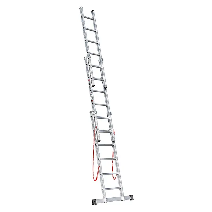 Euroline Mehrzweckleiter Premium 307 Mehrzweckleiter 3x6 Sprossen - Anzahl Tritte: 6 Stk., Arbeitshöhe: 5.300 m - Silberne Aluminium-Ausziehleiter mit roten Sicherheitsgurten und breiter Stabilisierungsstange.