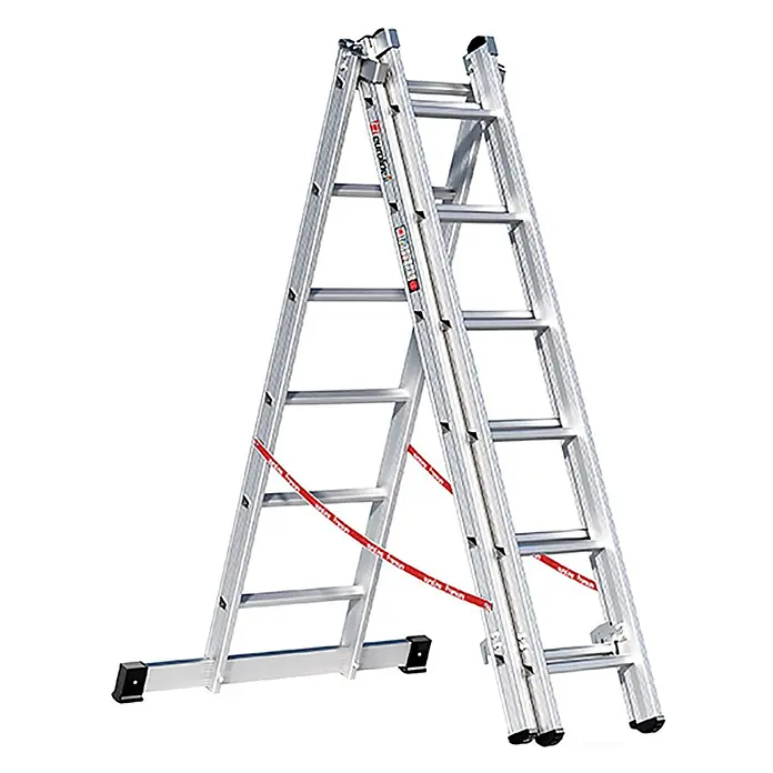 Euroline Mehrzweckleiter Premium 307 Mehrzweckleiter 3x6 Sprossen - Anzahl Tritte: 6 Stk., Arbeitshöhe: 5.300 m - Silberne Aluminium-Mehrzweckleiter in A-Form mit roten Sicherheitsgurten.