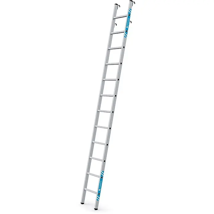 Zarges Mehrzweckleiter Regaleinhängeleiter Stella LH mit 12 Stufen - Anzahl Tritte: 12 Stk., Aluminium - Silberne Aluminium-Anlegeleiter mit Sprossen, schwarzen Füßen und oberen Haken.