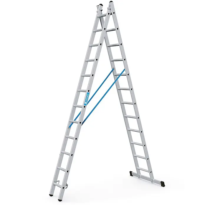 Zarges Mehrzweckleiter Kombileiter Combimaster DX 2x12 Sprossen - Anzahl Tritte: 12 Stk., Arbeitshöhe: 6.800 m, Aluminium - Mehrzweckleiter aus silbernem Aluminium in A-Form mit blauen Stabilisierungsbändern.