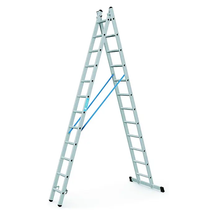 Zarges Mehrzweckleiter Kombileiter Combimaster DX 2x12 Sprossen - Anzahl Tritte: 12 Stk., Arbeitshöhe: 6.800 m, Aluminium - Silberne Aluminium-Doppelleiter mit blauen Sicherungsbändern und schwarzen Füßen.