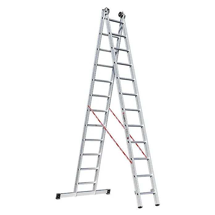 Euroline Mehrzweckleiter Premium 306 Mehrzweckleiter 2x12 Sprossen - Anzahl Tritte: 12 Stk., Arbeitshöhe: 7.250 m, Aluminium - Silberne Aluminium-Kombinationsleiter in A-Rahmen-Konfiguration mit roten Sicherungsgurten und breitem Stabilisator.