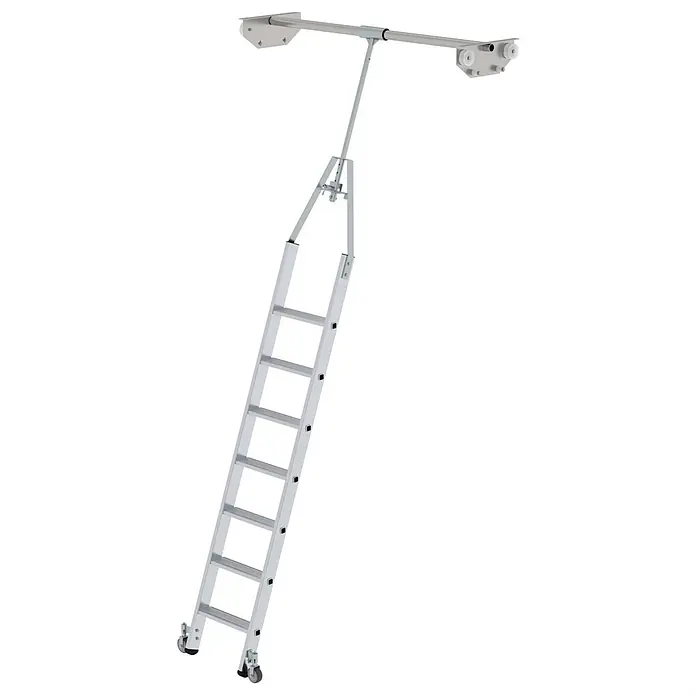 Munk Mehrzweckleiter Aluminium-Regalleiter für Doppelregal drehbar 7 Stufen - Anzahl Tritte: 7 Stk., Arbeitshöhe: 3.670 m, Aluminium - Silberne Aluminium-Bodentreppe mit Deckenbefestigung und Rollen.