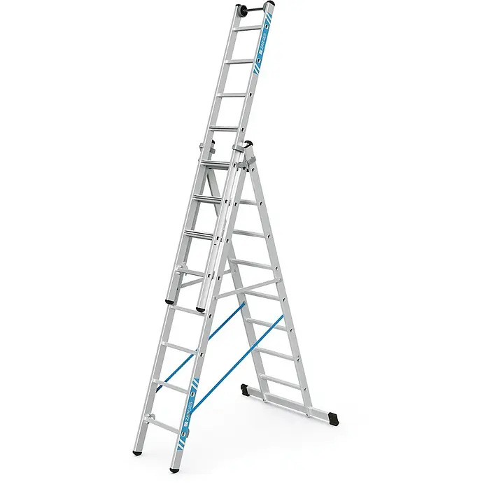 Zarges Mehrzweckleiter Mehrzweckleiter Skymaster Plus X 3x8 Stufen - Anzahl Tritte: 8 Stk., Arbeitshöhe: 6.550 m, Aluminium - Silberne Aluminium-Mehrzweckleiter mit blauen Stabilisierungsbändern, als Stehleiter mit Auszug konfiguriert.