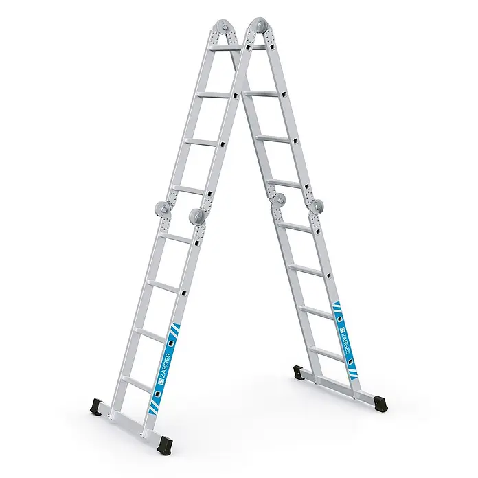 Zarges Mehrzweckleiter Vielzweckleiter Multimax M 4x4 Sprossen - Anzahl Tritte: 4 Stk., Arbeitshöhe: 5.200 m, Aluminium - Silberne Aluminium-Mehrzweckleiter, als Stehleiter aufgestellt.