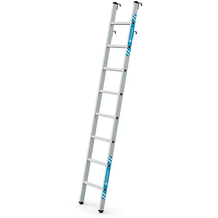 Zarges Mehrzweckleiter Regaleinhängeleiter Stella LH mit 8 Stufen - Anzahl Tritte: 8 Stk., Aluminium - Silberne Aluminium-Anlegeleiter mit mehreren Sprossen, oberen Haken und rutschfesten Füßen.