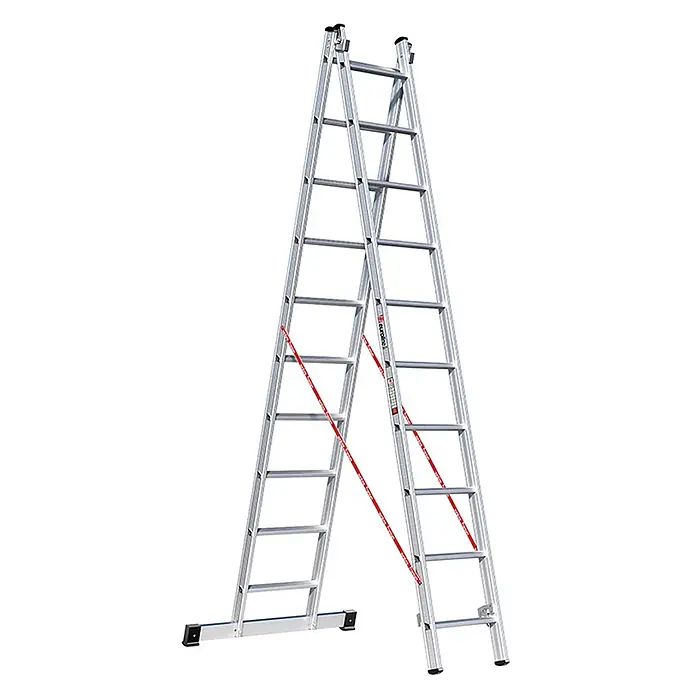 Euroline Mehrzweckleiter Premium 306 Mehrzweckleiter 2x10 Sprossen - Anzahl Tritte: 10 Stk., Arbeitshöhe: 6.150 m, Aluminium - Silberne Aluminium-Klappleiter mit roten Sicherheitsgurten.