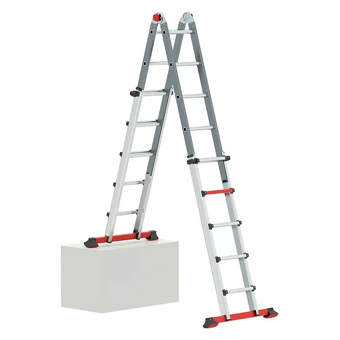 Altrex Mehrzweckleiter Varitrex Tele Pro Vielzweckleiter 4x5 Sprossen - Arbeitshöhe: 4.900 m - Vielseitige graue/silberne Aluminium-Gelenkleiter, rot/schwarze Akzente, als Stehleiter konfiguriert, eine Seite auf Block.