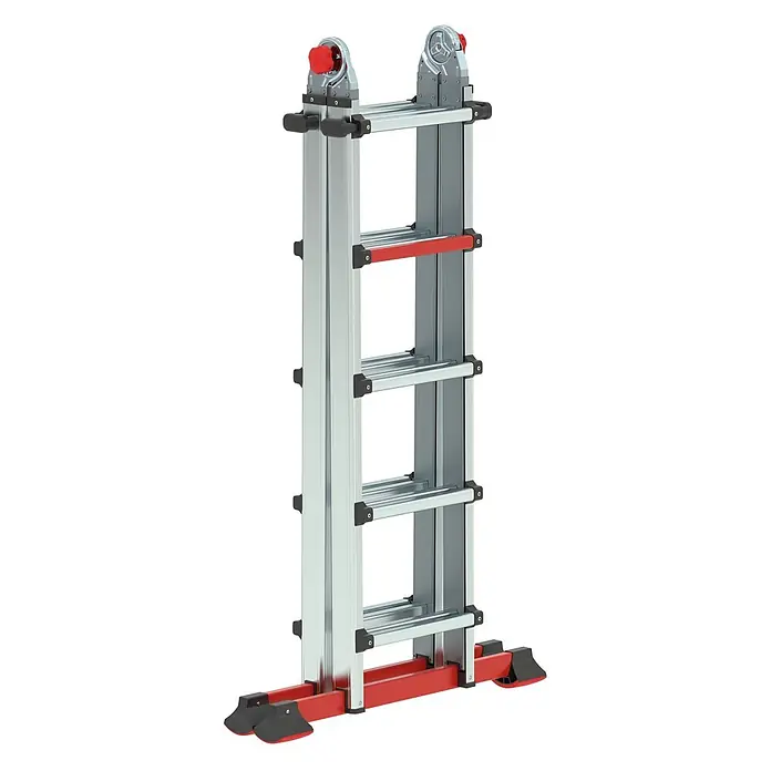 Altrex Mehrzweckleiter Varitrex Tele Pro Vielzweckleiter 4x5 Sprossen - Arbeitshöhe: 4.900 m - Silberne Aluminium-Mehrzweckleiter mit roten Akzenten, schwarzen Kunststoff-Sicherheitsfüßen und verstellbaren roten Knöpfen.