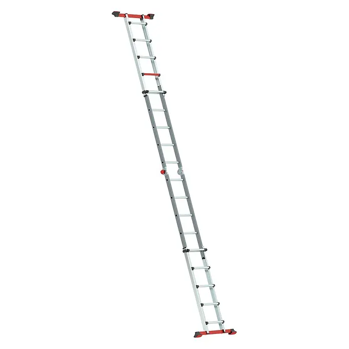 Altrex Mehrzweckleiter Varitrex Tele Pro Vielzweckleiter 4x5 Sprossen - Arbeitshöhe: 4.900 m - Ausziehbare silberne Aluminium-Dachleiter mit roten Haken, unterem Stabilisator und Rädern für den Dachzugang.