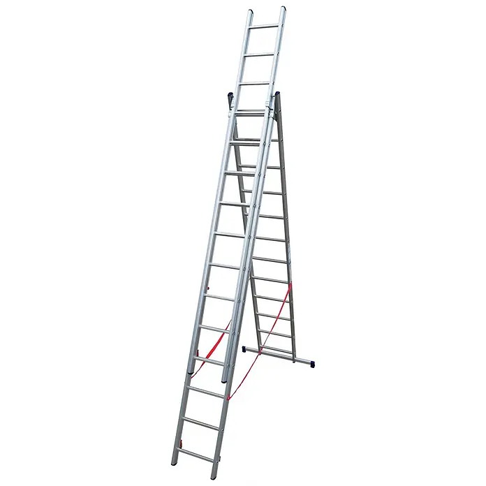 Facal Mehrzweckleiter Mehrzweckleiter STILO S100 3x11 Sprossen - Anzahl Tritte: 11 Stk., Arbeitshöhe: 7.960 m, Aluminium - Silberne Aluminium-Ausziehleiter, als Stehleiter mit ausgefahrenem Oberteil, roten Gurten und blauen Kappen.