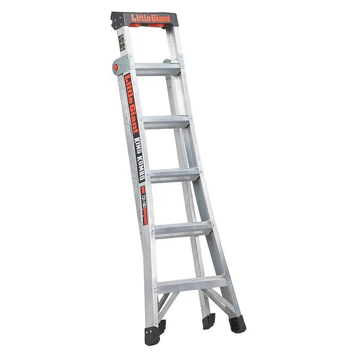 Altrex Mehrzweckleiter King Kombo 3-in-1 Stehleiter mit 6+3 Stufen - Anzahl Tritte: 9 Stk., Arbeitshöhe: 4.000 m - Mehrzweck-Aluminiumleiter Little Giant King Kombo mit orangefarbenen und schwarzen Akzenten, als Stehleiter dargestellt.