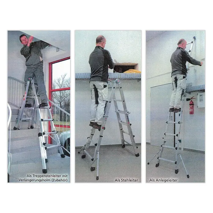 Euroline Mehrzweckleiter Premium 316 Alu-Vario -Klappleiter mit Standverbreiterung 4x4 Sprossen - Anzahl Tritte: 4 Stk., Arbeitshöhe: 4.850 m, Aluminium - Silberne Aluminium-Mehrzweckleiter in drei Konfigurationen: Treppen-, Steh- und Anlegeleiter.