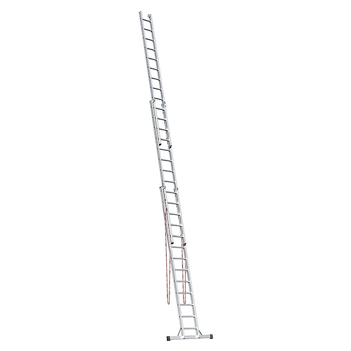 Euroline Mehrzweckleiter Premium 307 Mehrzweckleiter 3x13 Sprossen - Anzahl Tritte: 13 Stk., Arbeitshöhe: 9.800 m - Silberne Aluminium-Ausziehleiter mit mehreren Abschnitten und rotem Seil zur Höhenverstellung.