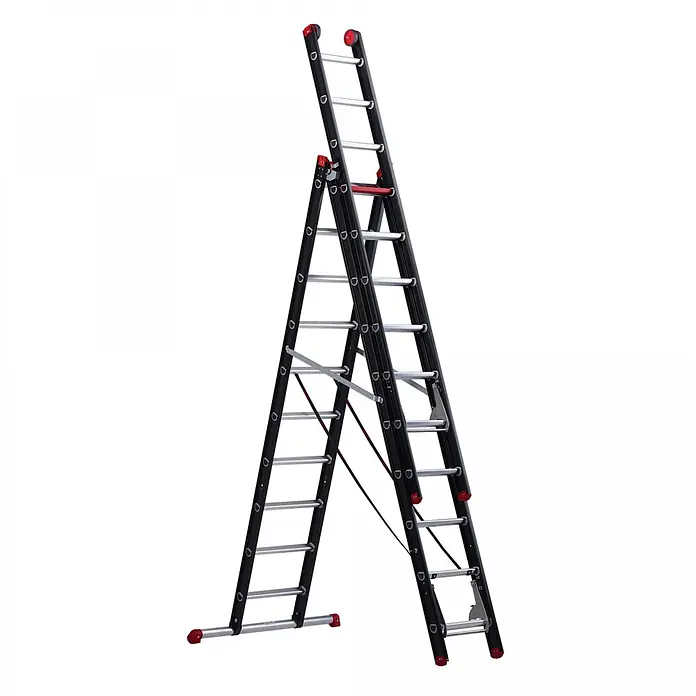 Altrex Mehrzweckleiter Mounter Mehrzweckleiter ZR 3072 3x10 Sprossen - Anzahl Tritte: 10 Stk., Arbeitshöhe: 7.500 m, Aluminium - Schwarz-silberne Mehrzweck-Ausziehleiter mit roten Akzenten, als A-Leiter aufgestellt.