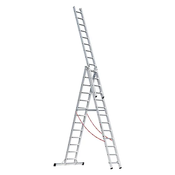Euroline Mehrzweckleiter Premium 307 Mehrzweckleiter 3x13 Sprossen - Anzahl Tritte: 13 Stk., Arbeitshöhe: 9.800 m - Silberne Aluminium-Mehrzweckleiter, als Stehleiter mit Verlängerung konfiguriert, mit roten Sicherheitsgurten und breitem Stabilisator.