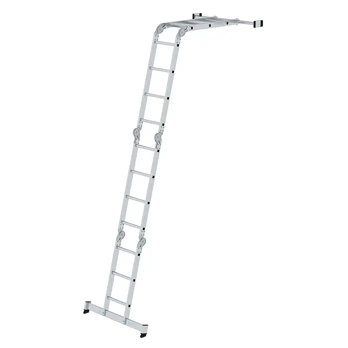 Munk Mehrzweckleiter Vielzweckleiter mit Nivello® Traverse 2x3 + 2x4 Sprossen - Anzahl Tritte: 4 Stk., Arbeitshöhe: 5.300 m, Aluminium - Silberne Aluminium-Gelenk-Mehrzweckleiter, zu einem Gerüst oder Dachzugang gebogen, mit breiter Basis.