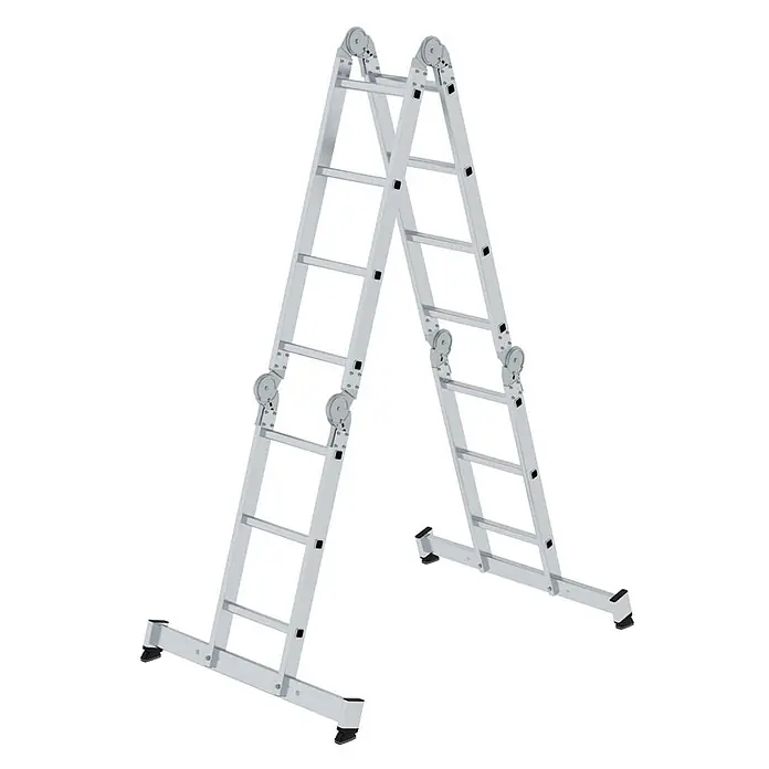 Munk Mehrzweckleiter Vielzweckleiter mit Nivello® Traverse 2x3 + 2x4 Sprossen - Anzahl Tritte: 4 Stk., Arbeitshöhe: 5.300 m, Aluminium - Silberne Aluminium-Mehrzweck-Gelenkleiter in A-Rahmen-Konfiguration mit stabilen Gelenken und rutschfesten Füßen.