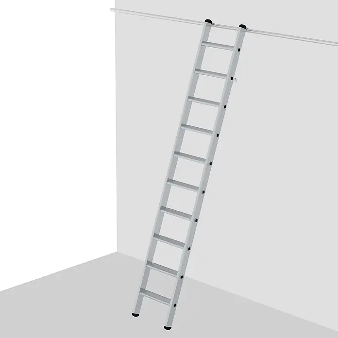 Munk Mehrzweckleiter Aluminium-Regalleiter einhängbar 6 Stufen - Anzahl Tritte: 6 Stk., Arbeitshöhe: 2.800 m, Aluminium - Silberne Aluminium-Anlegeleiter mit schwarzen Gummifüßen und oberen Griffen, lehnt an Wand und Querstange.