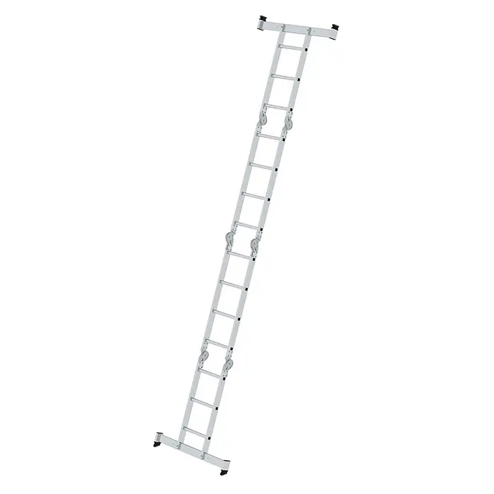 Munk Mehrzweckleiter Vielzweckleiter mit Nivello® Traverse 2x3 + 2x4 Sprossen - Anzahl Tritte: 4 Stk., Arbeitshöhe: 5.300 m, Aluminium - Erweiterte silberne Aluminium-Teleskopleiter mit Gelenken und Rollen.
