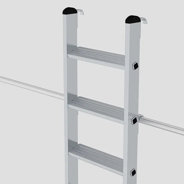 Munk Mehrzweckleiter Aluminium-Regalleiter einhängbar 6 Stufen - Anzahl Tritte: 6 Stk., Arbeitshöhe: 2.800 m, Aluminium - Modulares silbernes Aluminiumleitersegment mit Haken, rutschfesten Sprossen und einer befestigten horizontalen Metallschiene.