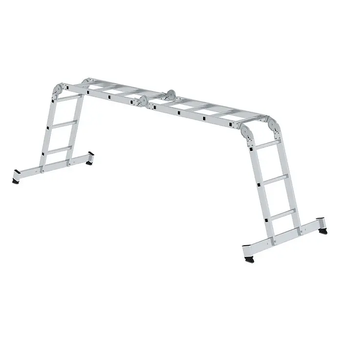 Munk Mehrzweckleiter Vielzweckleiter mit Nivello® Traverse 2x3 + 2x4 Sprossen - Anzahl Tritte: 4 Stk., Arbeitshöhe: 5.300 m, Aluminium - Silberne Aluminium-Mehrzweck-Gelenkleiter, als Arbeitsplattform konfiguriert.