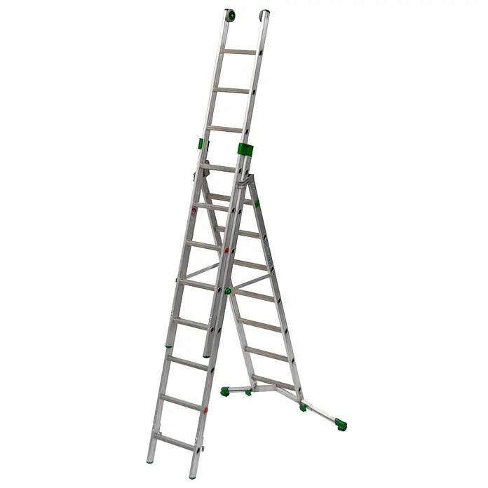 Facal Mehrzweckleiter Mehrzweckleiter SUPERPRIMA S600 3-teilig 7+8+8 Sprossen - Anzahl Tritte: 7 Stk., Arbeitshöhe: 6.550 m, Aluminium - Silberne Aluminium-Mehrzweckleiter mit grünen Akzenten, als Stehleiter mit Auszug konfiguriert.