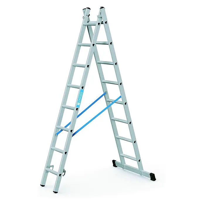 Zarges Mehrzweckleiter Kombileiter Combimaster DX 2x8 Sprossen - Anzahl Tritte: 8 Stk., Arbeitshöhe: 4.900 m, Aluminium - Silberne Aluminium-Doppelleiter mit blauen Sicherheitsgurten und schwarzen Füßen.
