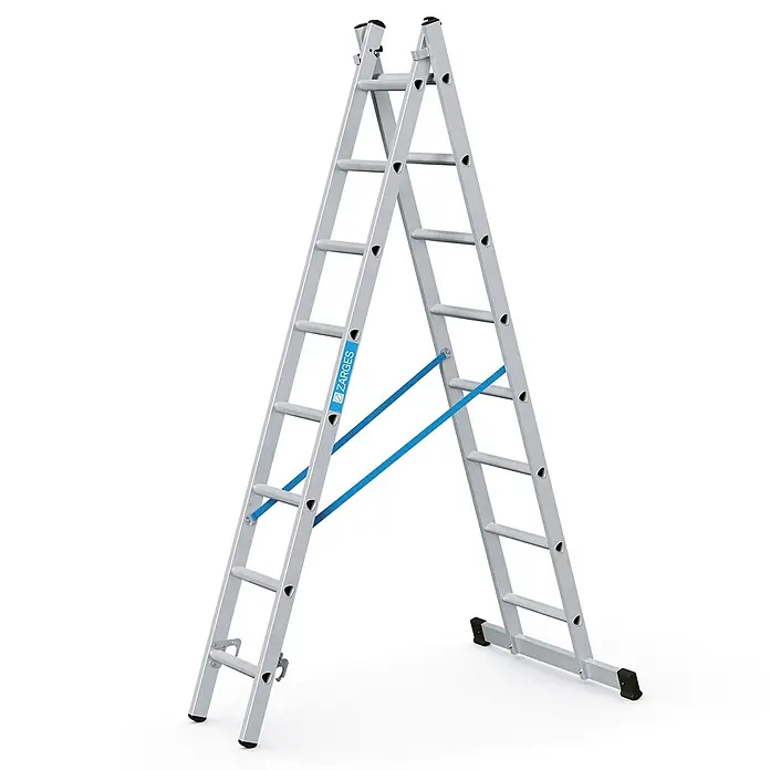 Zarges Mehrzweckleiter Kombileiter Combimaster DX 2x8 Sprossen - Anzahl Tritte: 8 Stk., Arbeitshöhe: 4.900 m, Aluminium - Silberne Aluminium-Doppelstehleiter mit blauen Spreizsicherungen.