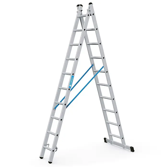 Zarges Mehrzweckleiter Kombileiter Combimaster DX 2x10 Sprossen - Anzahl Tritte: 10 Stk., Arbeitshöhe: 5.700 m, Aluminium - Silberne Aluminium-Stehleiter mit blauer Querstrebe.
