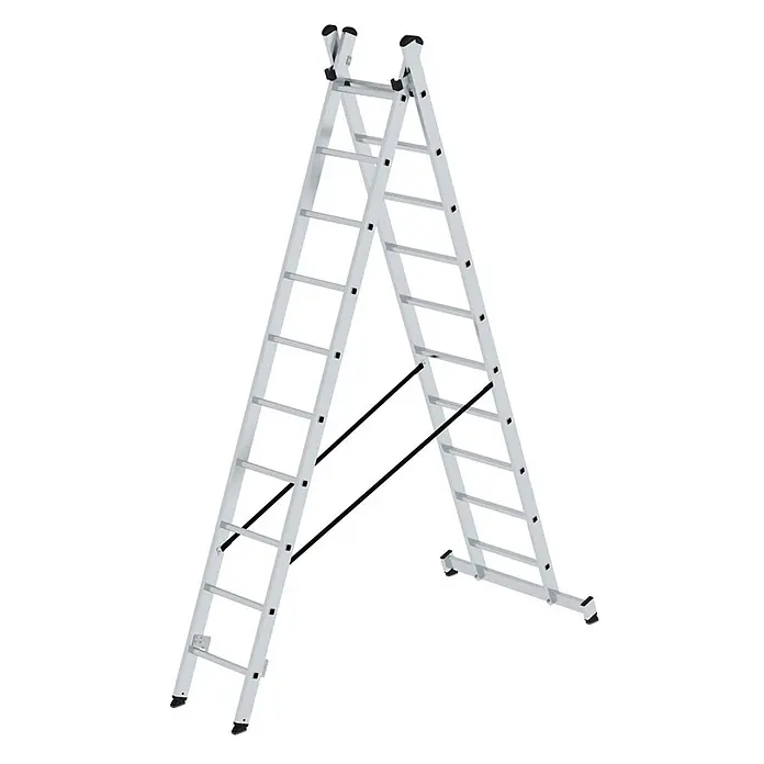 Munk Mehrzweckleiter Mehrzweckleiter 2-teilig 2x10 Sprossen - Anzahl Tritte: 10 Stk., Arbeitshöhe: 6.100 m, Aluminium - Silberne Aluminium-Mehrzweckleiter in A-Form aufgestellt, mit schwarzen Stabilisierungsstreben und Gummifüßen.