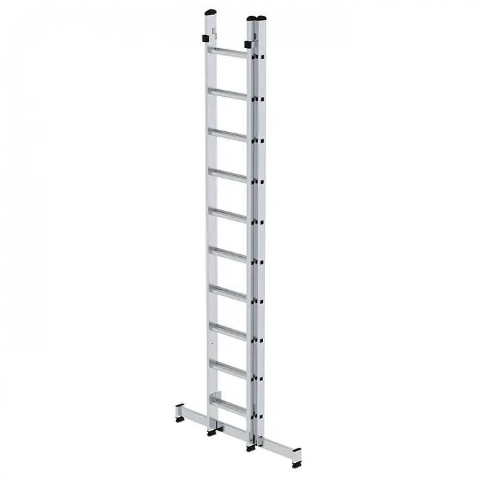 Munk Mehrzweckleiter Mehrzweckleiter 2-teilig 2x10 Sprossen - Anzahl Tritte: 10 Stk., Arbeitshöhe: 6.100 m, Aluminium - Silberne Aluminium-Anlegeleiter mit schwarzen Sicherheitskappen und breiter Standtraverse.