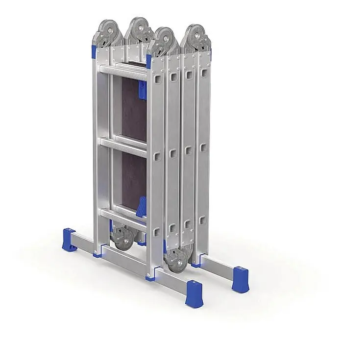 Werner Mehrzweckleiter Vielzweckleiter 4-teilig mit Plattform - Anzahl Tritte: 3 Stk., Arbeitshöhe: 4.540 m, Aluminium - Gefaltete Aluminium-Mehrzweckleiter mit blauen Akzenten, in kompakter Position mit Rollen.