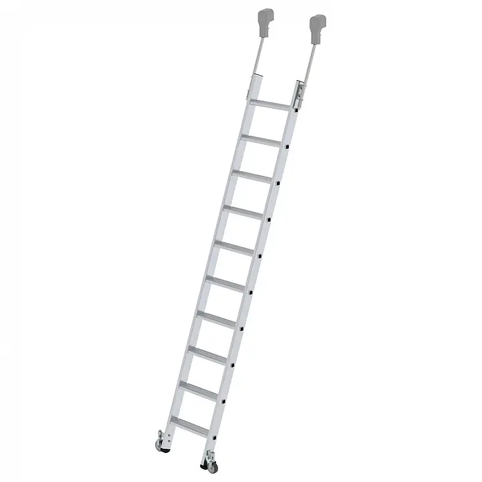 Munk Mehrzweckleiter Aluminium-Regalleiter fahrbar 10 Stufen - Anzahl Tritte: 10 Stk., Arbeitshöhe: 3.800 m, Aluminium - Silberne Aluminium-Ausziehleiter mit grauen oberen Haken und unteren Rollen.