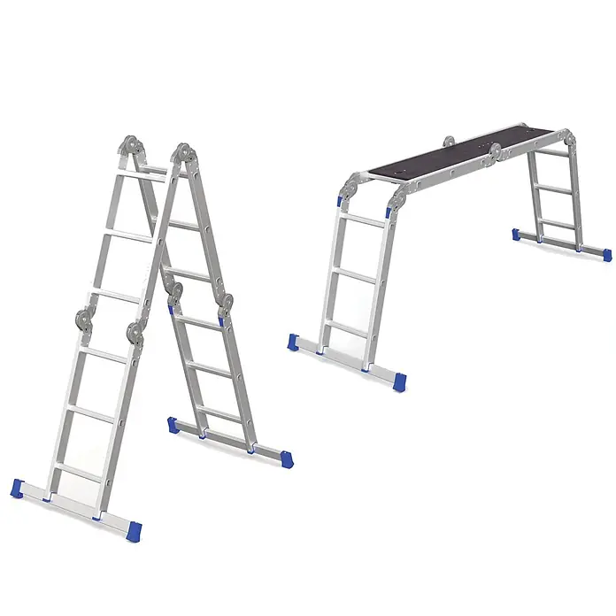 Werner Mehrzweckleiter Vielzweckleiter 4-teilig mit Plattform - Anzahl Tritte: 3 Stk., Arbeitshöhe: 4.540 m, Aluminium - Aluminium-Mehrzweckleiter mit blauen Füßen, dargestellt als Stehleiter und Gerüst mit schwarzer Plattform.