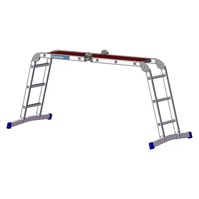 Mauderer Mehrzweckleiter Bavaria Sechsgelenkleiter als Behelfsgerüst mit Rastgelenk und gebogener T - Anzahl Tritte: 3 Stk., Arbeitshöhe: 4.400 m, Belastbarkeit: 150 kg - Silberne Aluminium-Arbeitsplattform mit roter Anti-Rutsch-Oberfläche und blauen Standfüßen.