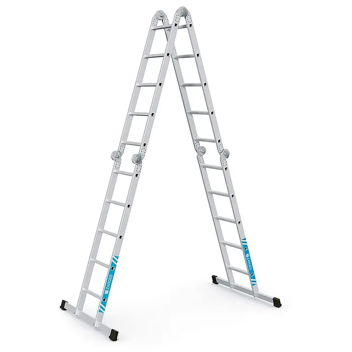 Zarges Mehrzweckleiter Vielzweckleiter Multimax M 4x5 Sprossen - Anzahl Tritte: 5 Stk., Aluminium - Silberne Aluminium-Mehrzweckleiter in A-Form, mit verstellbaren Segmenten und rutschfesten Füßen.