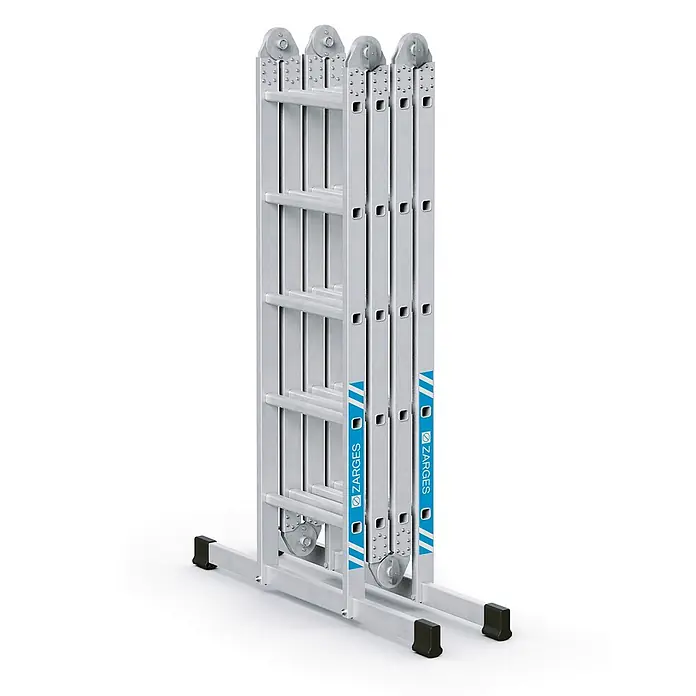Zarges Mehrzweckleiter Vielzweckleiter Multimax M 4x5 Sprossen - Anzahl Tritte: 5 Stk., Aluminium - Klappleiter aus silbernem Aluminium mit schwarzen rutschfesten Füßen und blauer ZARGES Beschriftung.