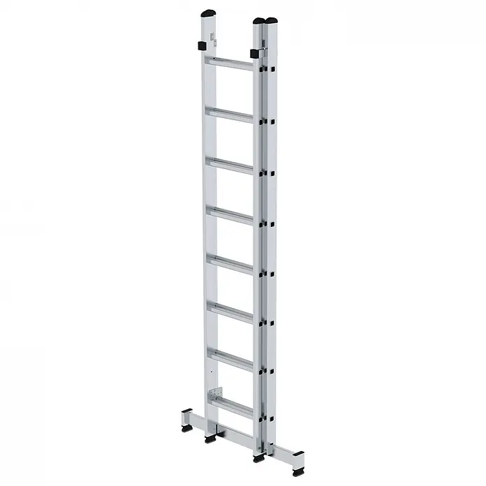 Munk Mehrzweckleiter Mehrzweckleiter 2-teilig 2x8 Sprossen - Anzahl Tritte: 8 Stk., Arbeitshöhe: 5.300 m, Aluminium - Silberne Aluminium-Anlegeleiter mit Querbalken und schwarzen rutschfesten Füßen.