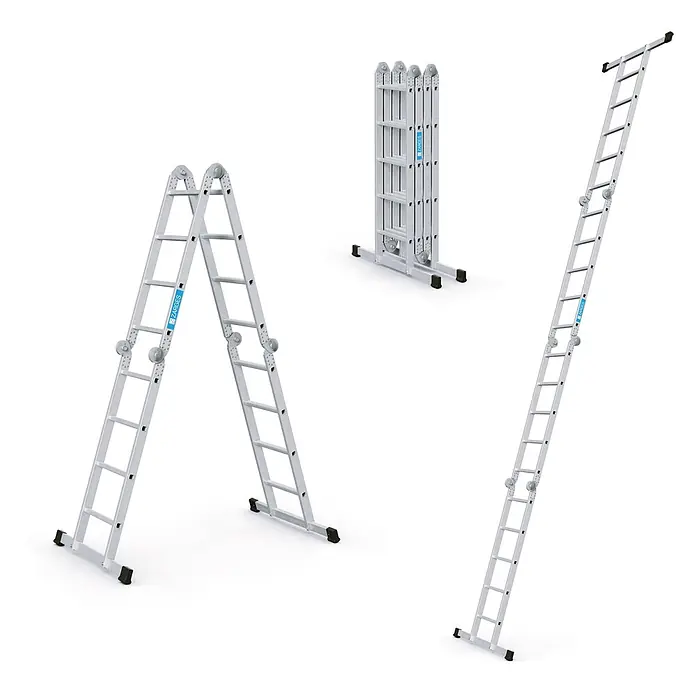 Zarges Mehrzweckleiter Vielzweckleiter Multimax M 4x5 Sprossen - Anzahl Tritte: 5 Stk., Aluminium - Silberfarbene Aluminium-Mehrzweckleiter in drei Konfigurationen: als Stehleiter, voll ausgezogen und kompakt zusammengeklappt.