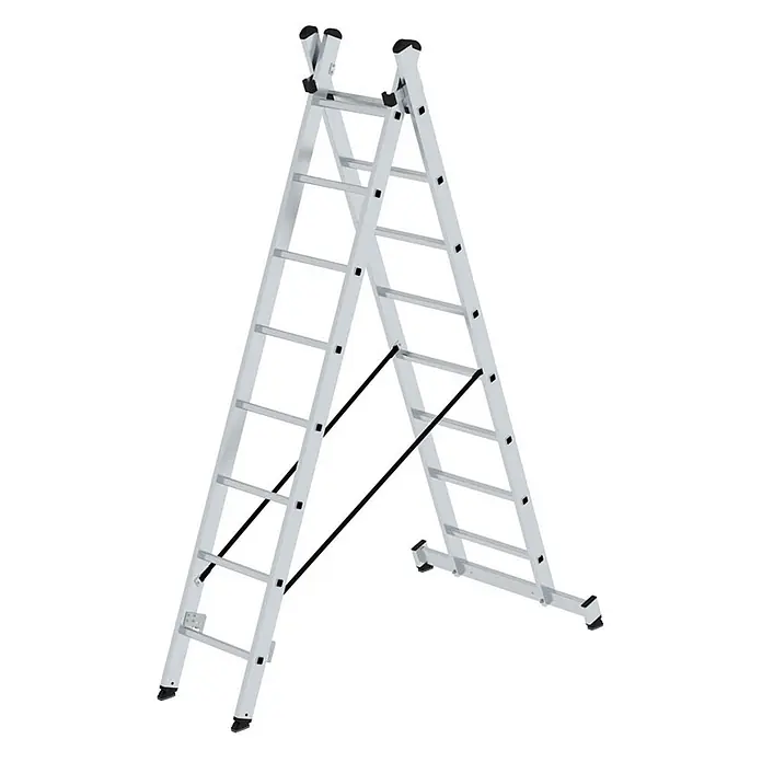 Munk Mehrzweckleiter Mehrzweckleiter 2-teilig 2x8 Sprossen - Anzahl Tritte: 8 Stk., Arbeitshöhe: 5.300 m, Aluminium - Silberne Aluminium-Mehrzweck-Gelenkleiter in A-Form mit schwarzen Anti-Rutsch-Füßen und Sicherheitsgurten.