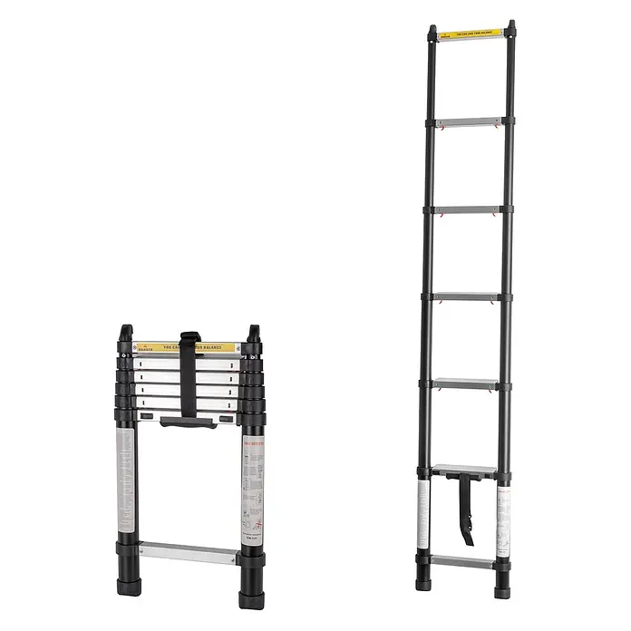 Brunner Mehrzweckleiter Frankana Teleskopleiter Laddy Alkoven Air von 7 Stufen - Anzahl Tritte: 7 Stk., Belastbarkeit: 150 kg, Aluminium - Schwarz-silberne Teleskopleiter, zusammengeklappt und voll ausgefahren dargestellt.