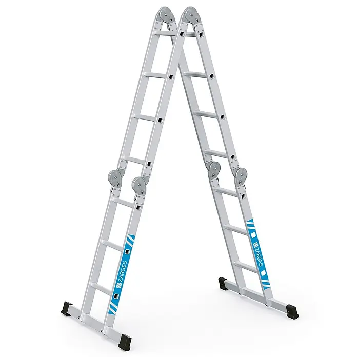 Zarges Mehrzweckleiter Vielzweckleiter Multitec M 2x3 + 2x4 Sprossen - Anzahl Tritte: 4 Stk., Arbeitshöhe: 5.000 m, Aluminium - Mehrzweckleiter aus silbernem Aluminium in A-Rahmen-Konfiguration mit Sicherheitsfüßen.